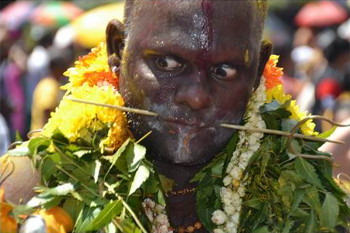 Afbeelding: Een deelnemer aan het Thaipusamfestival met prikkers door de wangen gespiest.